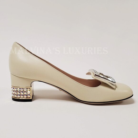 GUCCI SHOES MADELYN PUMPS CRYSTAL G BUCKLE LEATHER sz IT 37.5 US 7.5 - Picture 6 of 12